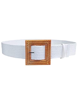 Women Skinny Dress Belt, Fashion Straw Woven Elastic Stretch Waist Band Wood Buckle Belt