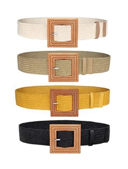 Women Skinny Dress Belt, Fashion Straw Woven Elastic Stretch Waist Band Wood Buckle Belt