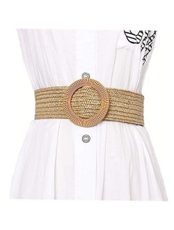 Women Skinny Dress Belt, Fashion Straw Woven Elastic Stretch Waist Band Wood Buckle Belt