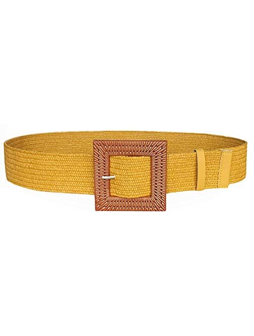 Women Skinny Dress Belt, Fashion Straw Woven Elastic Stretch Waist Band Wood Buckle Belt