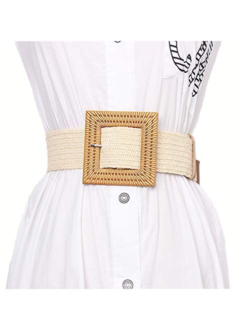 Women Skinny Dress Belt, Fashion Straw Woven Elastic Stretch Waist Band Wood Buckle Belt