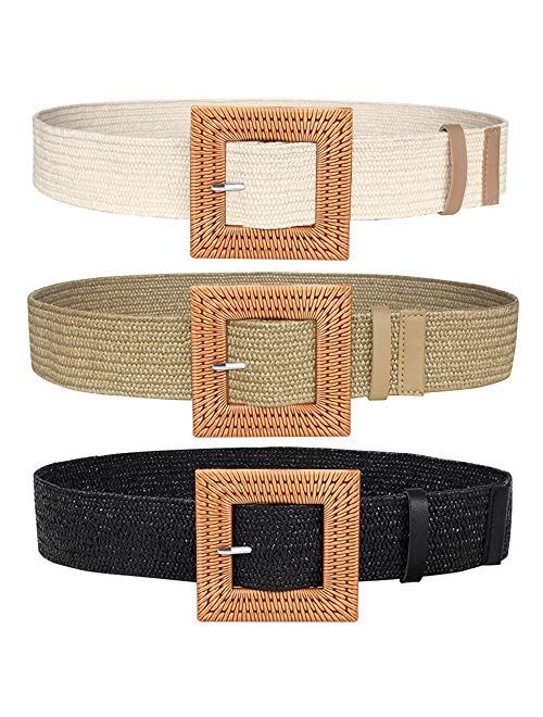 Women Skinny Dress Belt, Fashion Straw Woven Elastic Stretch Waist Band Wood Buckle Belt