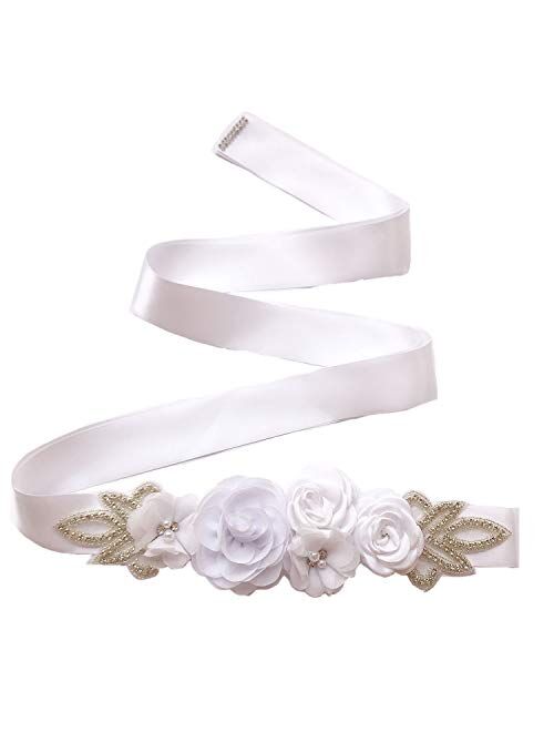 Sash Belt with Flowers Pearls Rhinestone for Wedding Bride/Baby Shower Dress