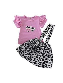 Toddler Baby Girl Ruffled Fly Sleeve Cow Top Shirts + Leopard Suspender Skirts Overall Dress Clothes