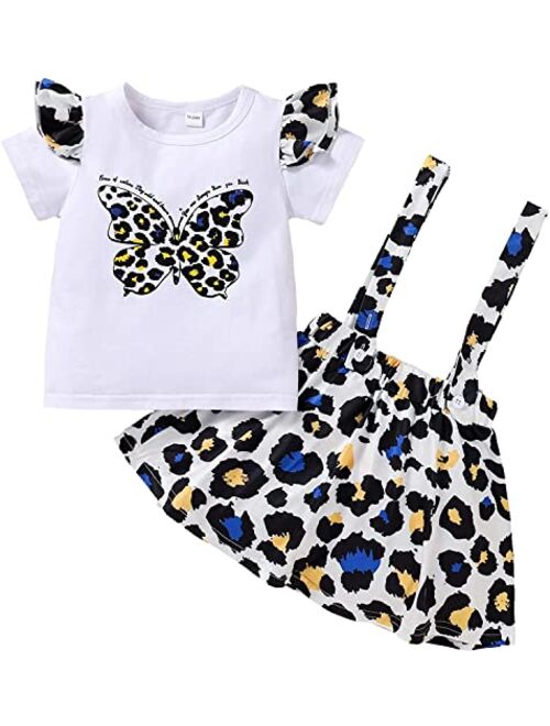 Toddler Baby Girl Ruffled Fly Sleeve Cow Top Shirts + Leopard Suspender Skirts Overall Dress Clothes