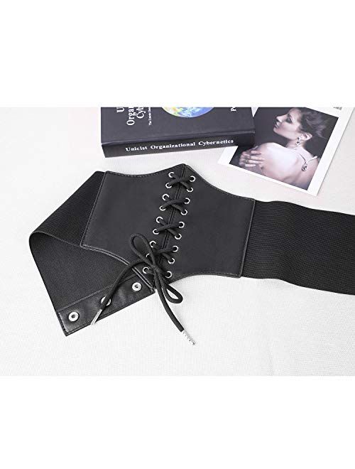 XZQTIVE Black Corset Waist Belt for Women, Wide Elastic Tie Waspie Belt for Dresses 4.7inch