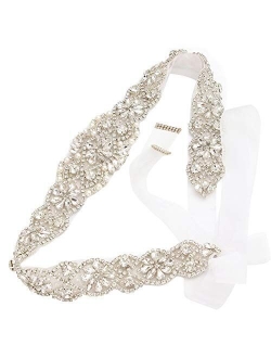 Yanstar Bridal Belt Hand Rhinestone Wedding Belt Clear Crystal 22In Length with White Organza Ribbon for Wedding Dress