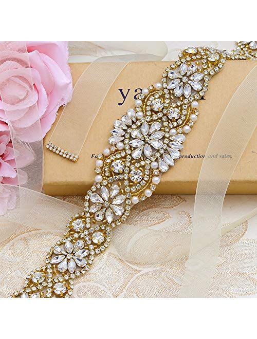 Yanstar Bridal Belt Hand Rhinestone Wedding Belt Clear Crystal 22In Length with White Organza Ribbon for Wedding Dress