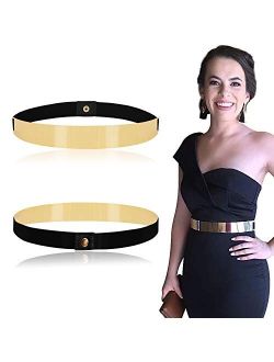 Women Elastic Mirror Metal Waist Belt Metallic Waistband,Golden, One Size