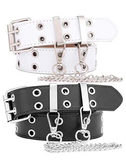 Double-Grommet-Belt Leather Punk-Waist-Belt with Chain for Women Jeans Dresses