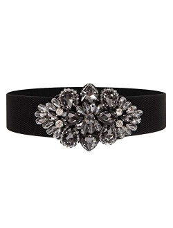 E-Clover Fashion Floral Rhinestone Buckle Women's Elastic Waist Cinch Belt for Dress for Size 0-10