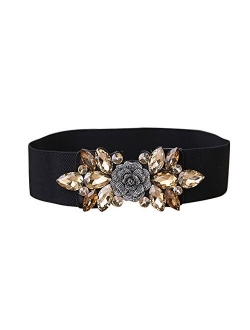 E-Clover Fashion Floral Rhinestone Buckle Women's Elastic Waist Cinch Belt for Dress for Size 0-10