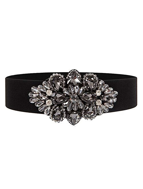 E-Clover Fashion Floral Rhinestone Buckle Women's Elastic Waist Cinch Belt for Dress for Size 0-10