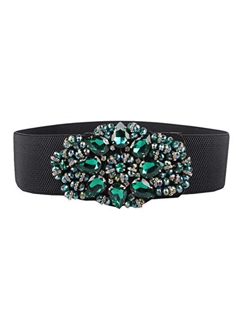 E-Clover Fashion Floral Rhinestone Buckle Women's Elastic Waist Cinch Belt for Dress for Size 0-10