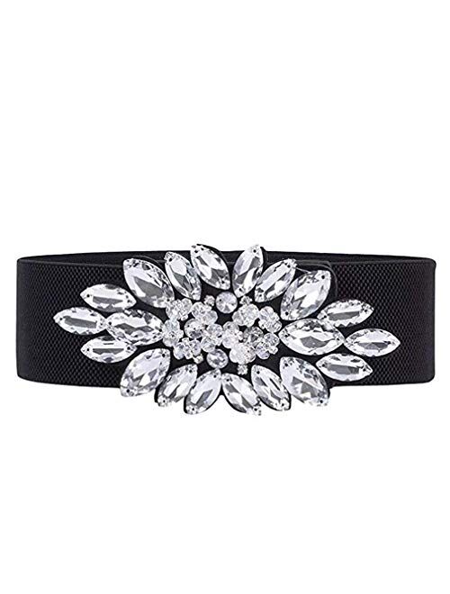 E-Clover Fashion Floral Rhinestone Buckle Women's Elastic Waist Cinch Belt for Dress for Size 0-10