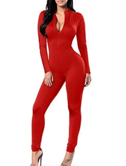 TOB Women's Soft Long Sleeves Zip Up One Piece Bodycon Jumpsuits Playsuits