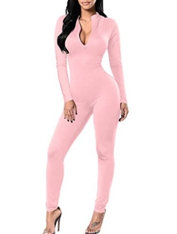 TOB Women's Soft Long Sleeves Zip Up One Piece Bodycon Jumpsuits Playsuits