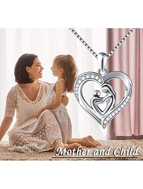 S925 Sterling Silver Mother's Love Heart Pendant Necklace Gift for Women Wife Mother Daughter