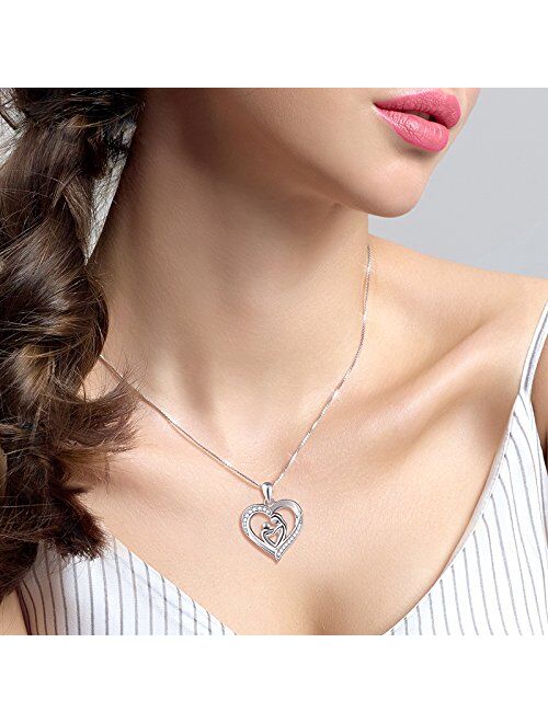 S925 Sterling Silver Mother's Love Heart Pendant Necklace Gift for Women Wife Mother Daughter