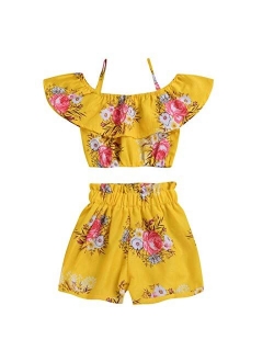 Toddler Baby Girl Floral Halter Ruffled Outfits Set Strap Crop Tops+Short Pants 2 PCS Clothes Set