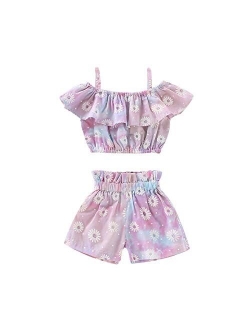 Toddler Baby Girl Floral Halter Ruffled Outfits Set Strap Crop Tops+Short Pants 2 PCS Clothes Set