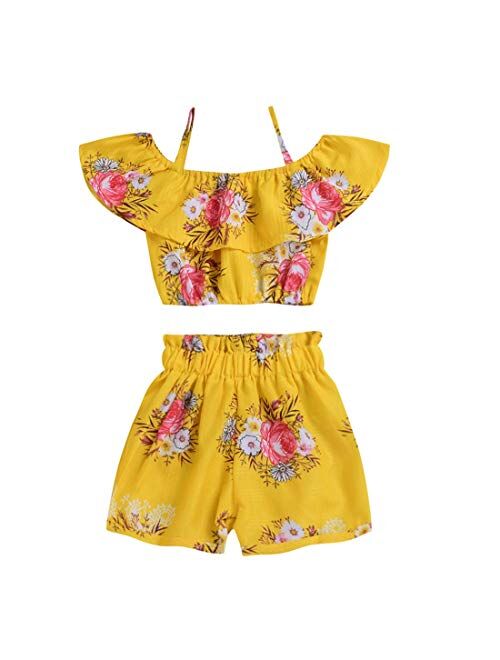 Toddler Baby Girl Floral Halter Ruffled Outfits Set Strap Crop Tops+Short Pants 2 PCS Clothes Set