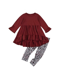 GuliriFei Toddler Girl Fall Winter Clothes Long Sleeves Ruffle Tunic Dress Top Trousers Leopard Pants Outfit Set