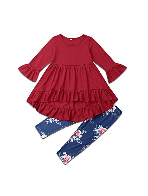 GuliriFei Toddler Girl Fall Winter Clothes Long Sleeves Ruffle Tunic Dress Top Trousers Leopard Pants Outfit Set