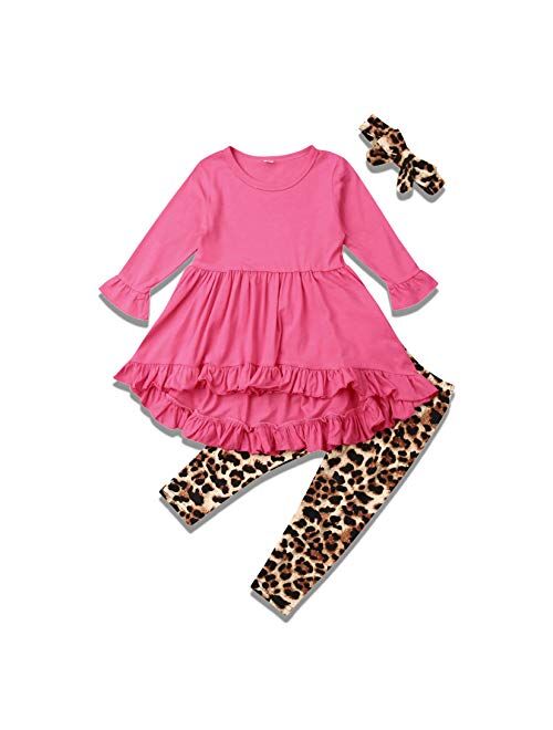 GuliriFei Toddler Girl Fall Winter Clothes Long Sleeves Ruffle Tunic Dress Top Trousers Leopard Pants Outfit Set