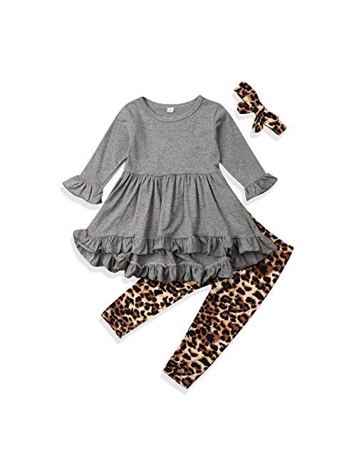 GuliriFei Toddler Girl Fall Winter Clothes Long Sleeves Ruffle Tunic Dress Top Trousers Leopard Pants Outfit Set