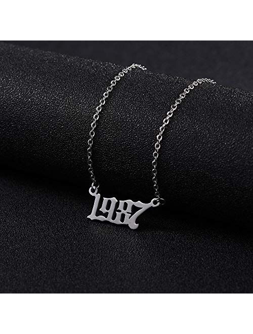 RINHOO Birth Year Number Pendant Necklace Stainless Steel Silver Number Birthday Necklace Chain Jewelry for Women Girl