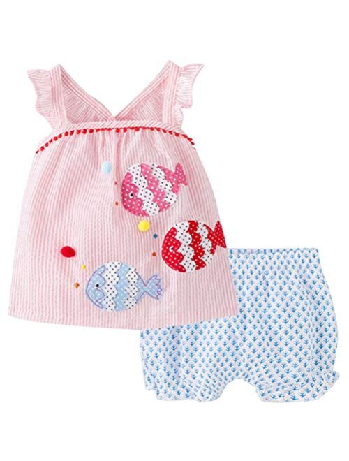 Toddler Girl 100% Cotton Shirt Short Pants Sets Cute Animal Cartoon Applique Summer Outfits Set