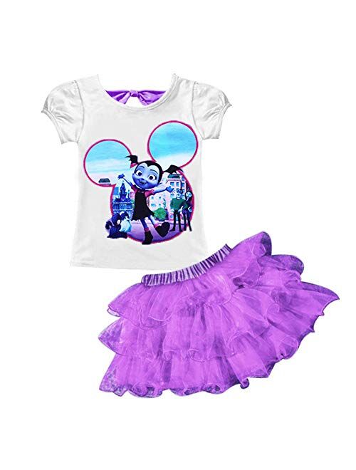 AOVCLKID Little Girls' 2Pcs Suit Cartoon Shirt and Skirt Set