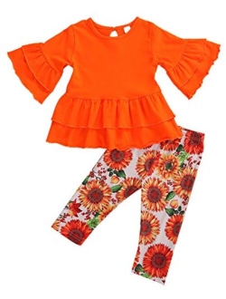 Toddler Girls Clothes Set Little Girls Long Sleeve Highlow Ruffle Flare Tunic Tops Floral Print Leggings Outfit