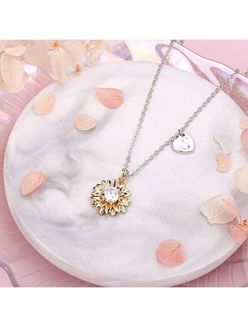 Initial Sunflower Necklaces for Women, 14k Gold Plated Sunflower Necklace CZ Heart Initial Letter Sunflower Pendant Necklace You are My Sunshine Sunflower Jewelry Gifts f