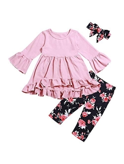 Toddler Little Girl Outfits Ruffle Flare Tunic Dress and Floral Leggings Pants Clothes Set