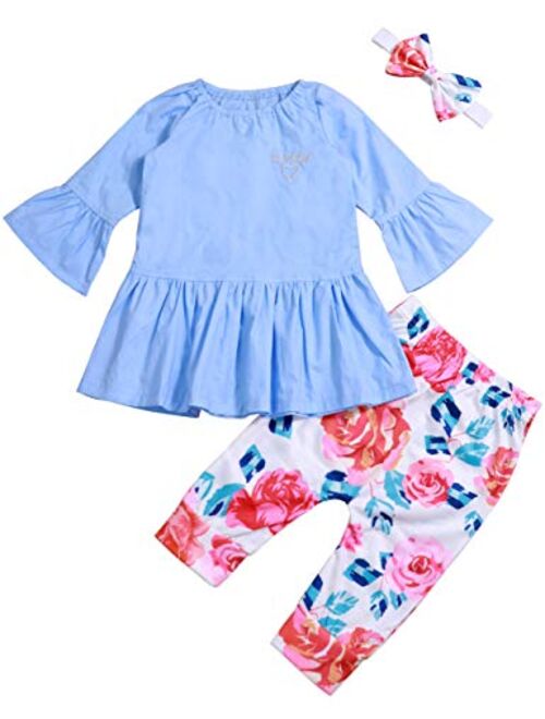 Toddler Little Girl Outfits Ruffle Flare Tunic Dress and Floral Leggings Pants Clothes Set