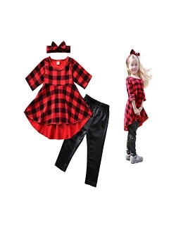 Christmas Toddler Girl Outfits, Baby Ruffle T-Shirt Dress Deer Plaid Pants Sets with Scarf