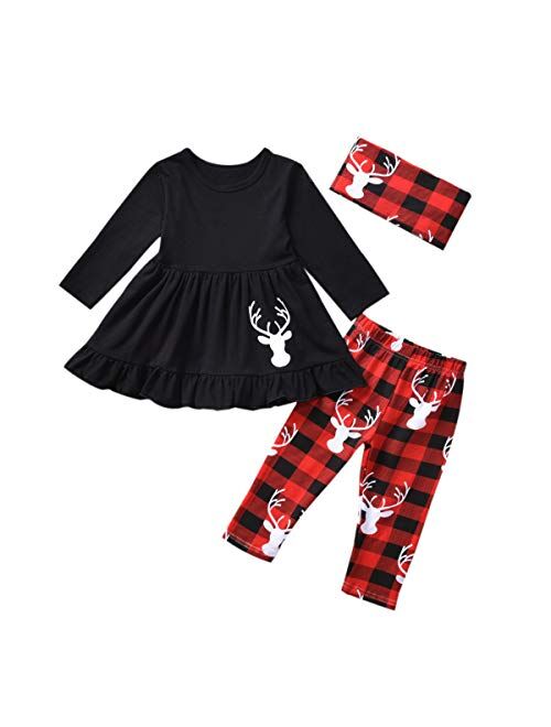 Christmas Toddler Girl Outfits, Baby Ruffle T-Shirt Dress Deer Plaid Pants Sets with Scarf