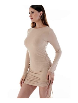 MiiVoo Women's Sexy Club Ruched Long Sleeve Drawstring Mini Bodycon Dress