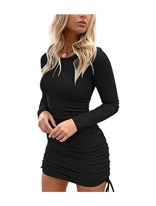 MiiVoo Women's Sexy Club Ruched Long Sleeve Drawstring Mini Bodycon Dress