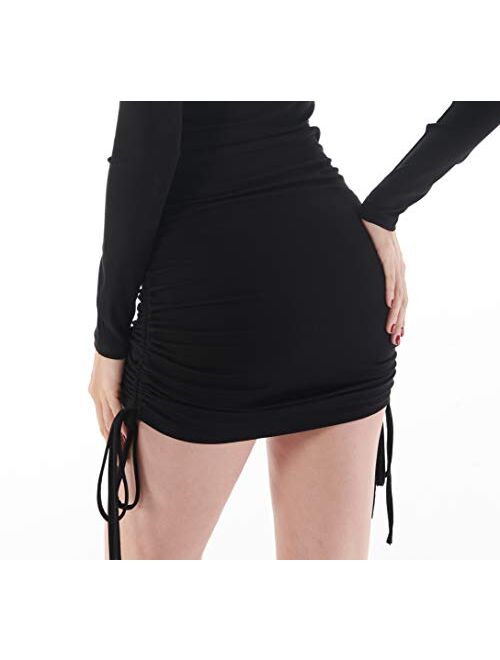 MiiVoo Women's Sexy Club Ruched Long Sleeve Drawstring Mini Bodycon Dress