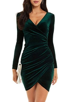 GUBERRY Womens Wrap V Neck Long Sleeve Velvet Bodycon Ruched Cocktail Party Dress