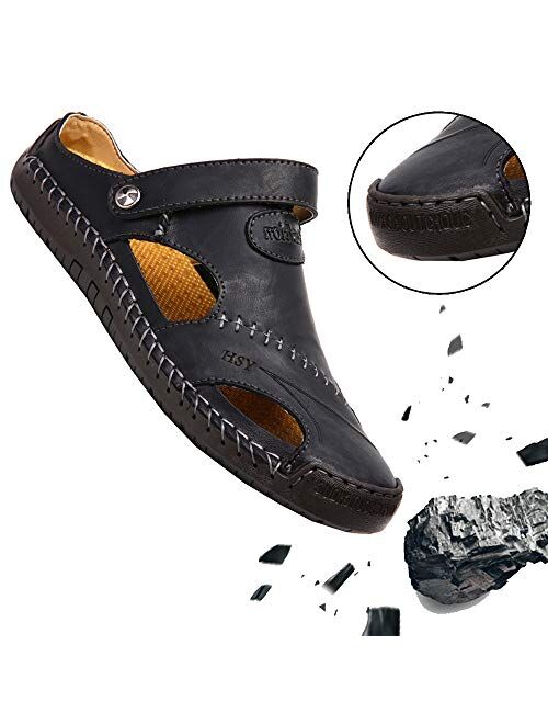 KINOW Mens Casual Closed Toe Leather Sandals Outdoor Sports Beach Slippers Flat Shoes