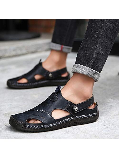 KINOW Mens Casual Closed Toe Leather Sandals Outdoor Sports Beach Slippers Flat Shoes