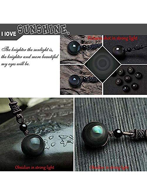 Sinymilk Natural Black Obsidian Pendant 16mm Rainbow Eyes Beads Lucky Blessing Necklace