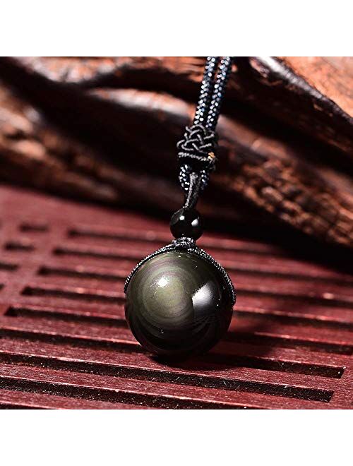 Sinymilk Natural Black Obsidian Pendant 16mm Rainbow Eyes Beads Lucky Blessing Necklace