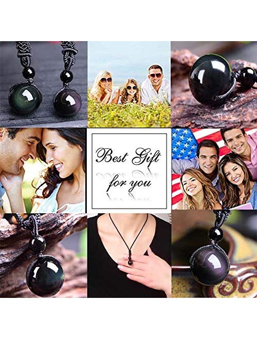 Sinymilk Natural Black Obsidian Pendant 16mm Rainbow Eyes Beads Lucky Blessing Necklace