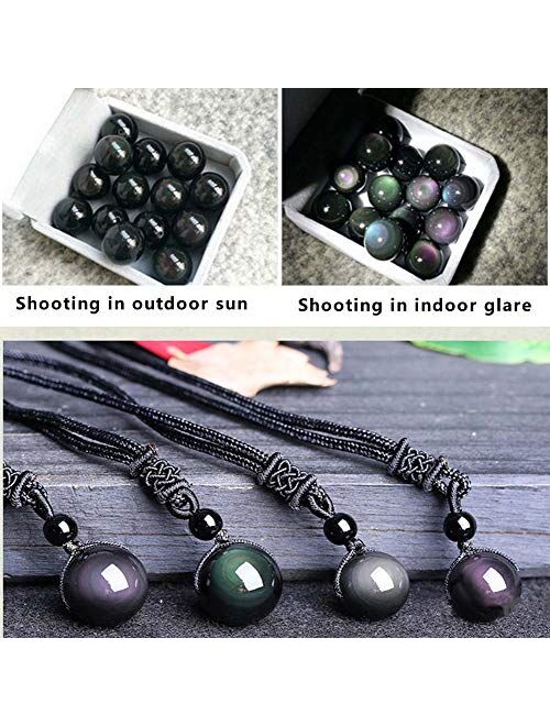 Sinymilk Natural Black Obsidian Pendant 16mm Rainbow Eyes Beads Lucky Blessing Necklace