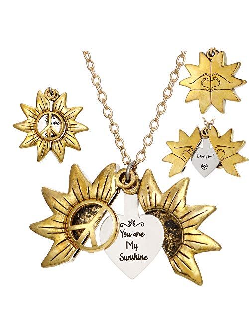 SUNSHI New Upgrade Sunflower Necklace Engraved 2 Sided Version Heart Locket You are My Sunshine Love You Pendant with Box for Women, Mother, Daughter